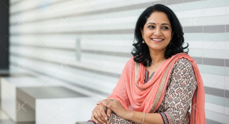 Indian woman in a printed traditional outfit with a peach dupatt