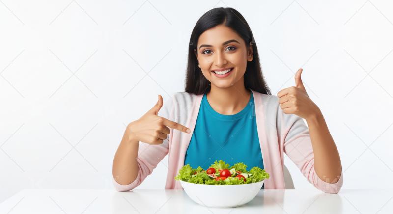 A young Indian woman sits at a table, smiling and giving a thumb