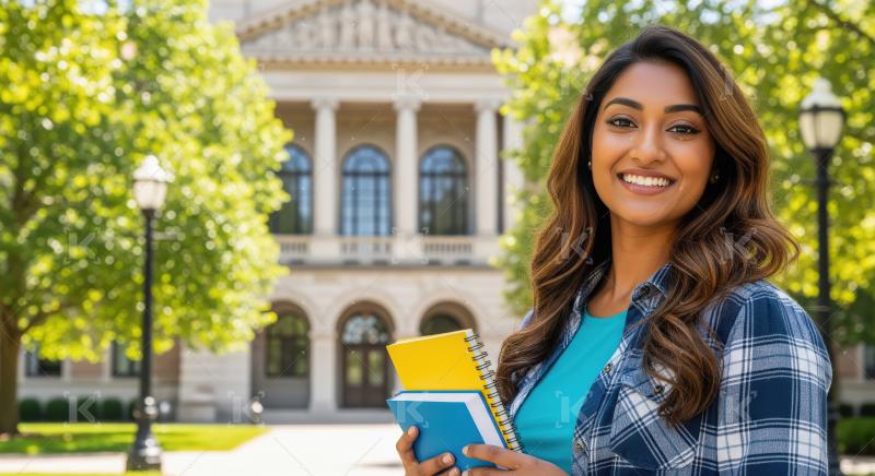 A young Indian woman holds notebooks and stands confidently on a