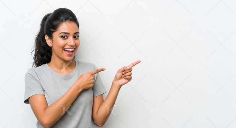 A young Indian woman in a grey t-shirt is smiling and pointing t