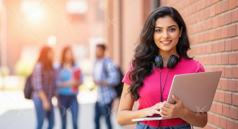 Young college girl using laptop
