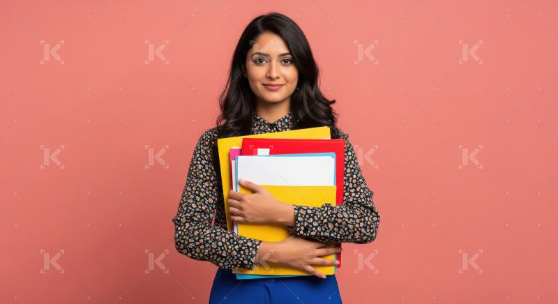 A young Indian woman stands against a pink background, holding c