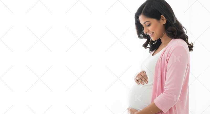 Young pregnant woman standing on white background