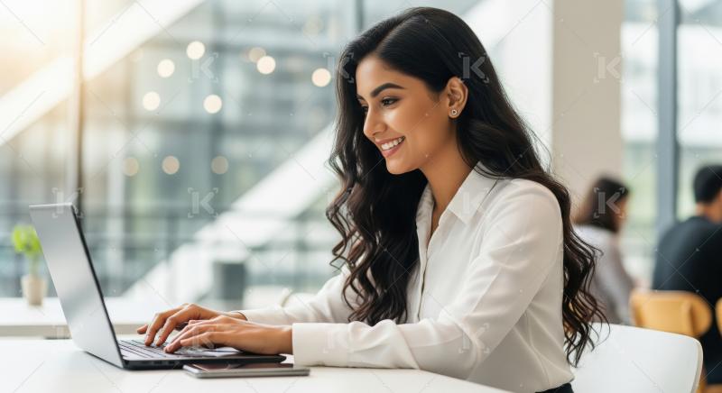 Young corporate woman working on laptop