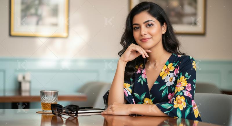 A young Indian woman in a stylish floral dress sits thoughtfully