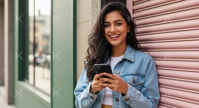 Young beautiful indian woman using smartphone outdoor