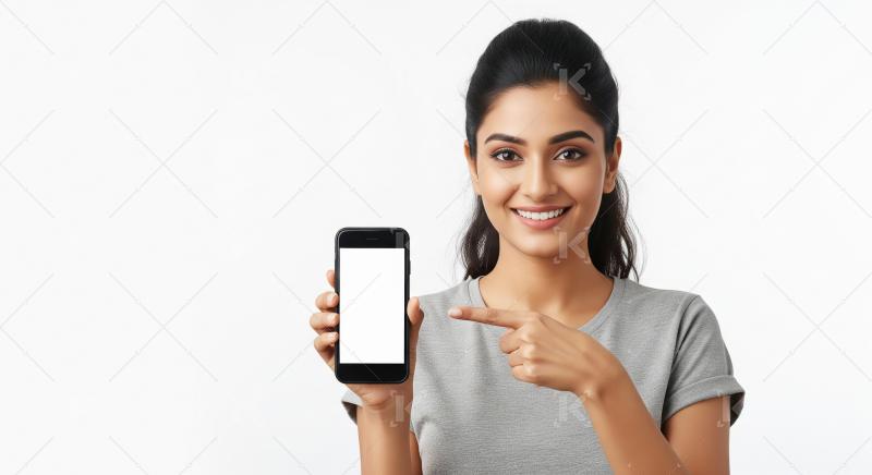 A young Indian woman in a grey t-shirt smiles cheerfully and poi