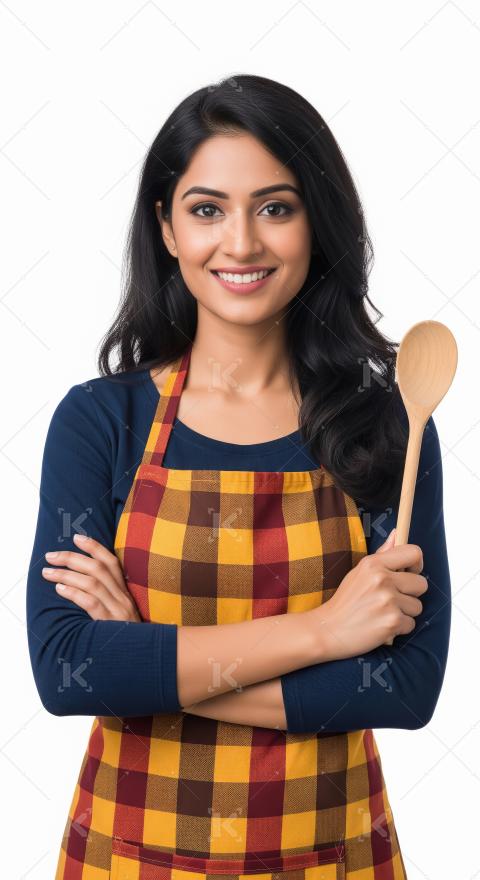 A young Indian woman in a checked apron stands confidently with