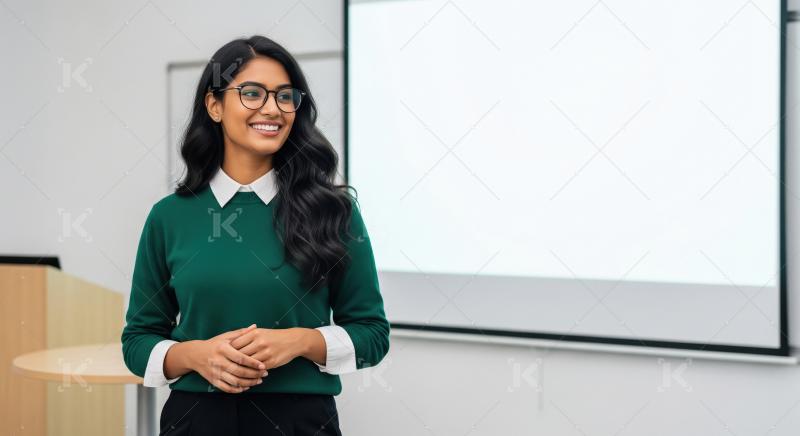 A young Indian woman in a green sweater stands confidently in fr