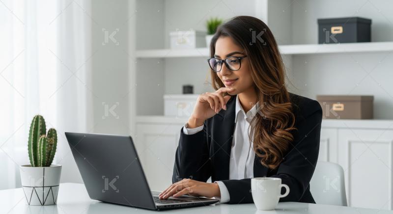 Young corporate woman working on laptop