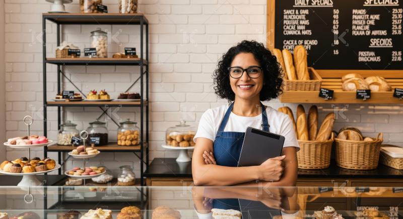 Indian bakery owner in an apron stands confidently behind the gl