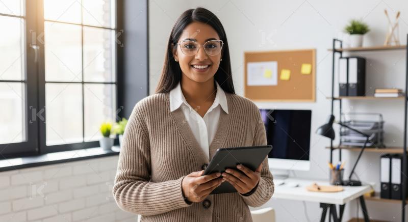 A professional young Indian woman in glasses smiles warmly while