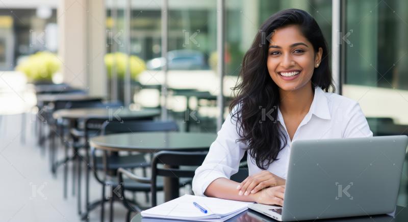 A young Indian businesswoman in a white shirt works on her lapto