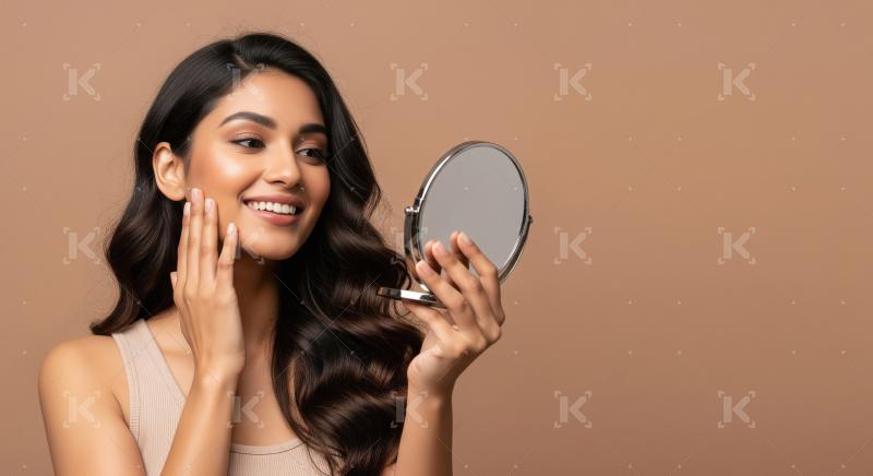 A young Indian woman glowing skin smiles while gently touching h