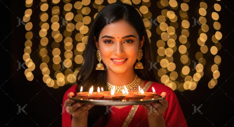 Young woman holding traditional oil lamp thali