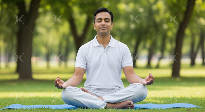 A calm Indian man in a white outfit sits cross-legged on a yoga