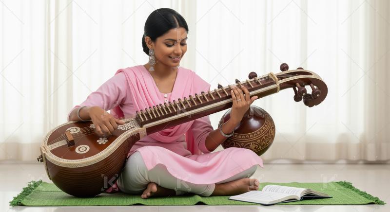 A serene young Indian woman sits cross-legged on a mat, smiling