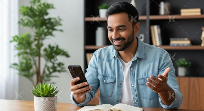 A cheerful young man sits at a desk in a modern home office, smi