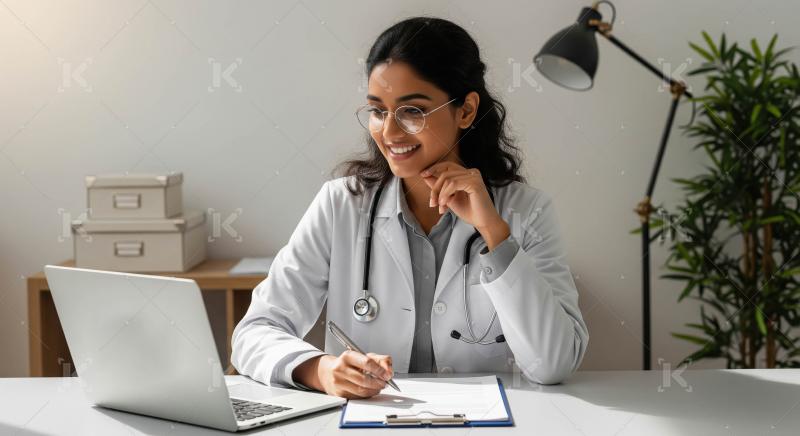 A young female doctor sits at her desk in a modern office, thoug