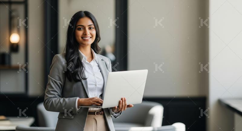 A confident young professional in a grey blazer stands in a mode