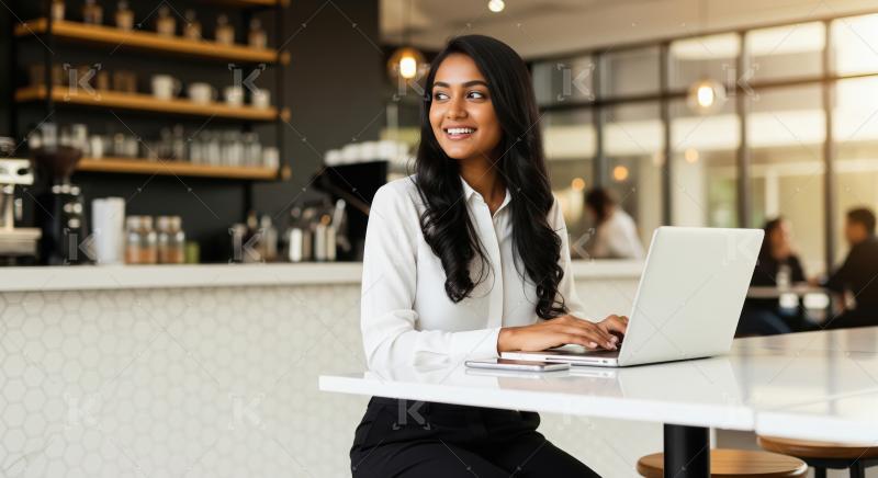 Confident young Indian businesswoman working on her laptop at a