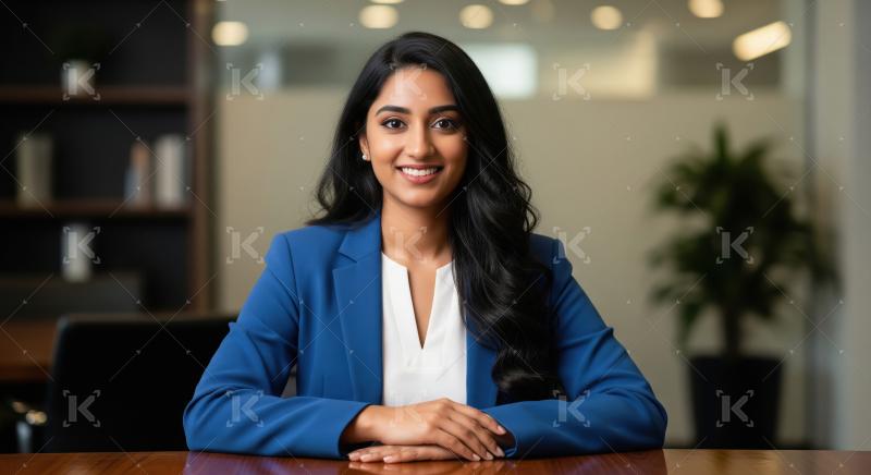 A confident young businesswoman in a blue blazer sits at a confe