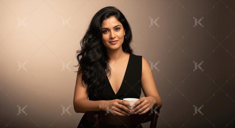 A stylish young woman in a black sleeveless dress sits on a chai