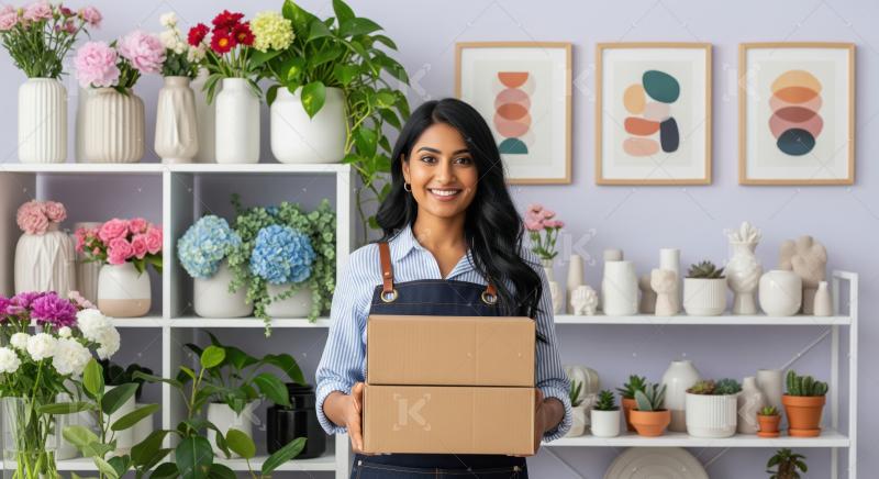 A young florist wearing an apron stands in a colorful shop, hold