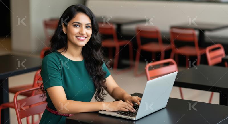 A young confident Indian woman sits at a desk in a modern office