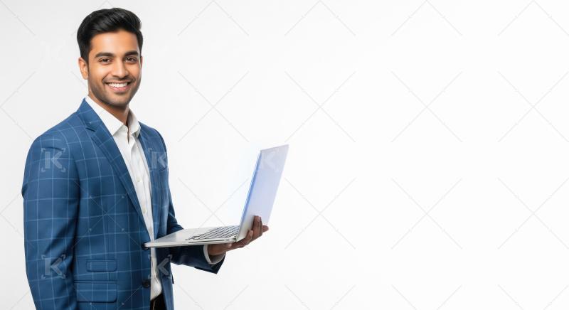 A confident young Indian businessman in a blue checkered suit sm