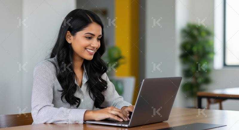 A young confident Indian woman sits at a desk in a modern office
