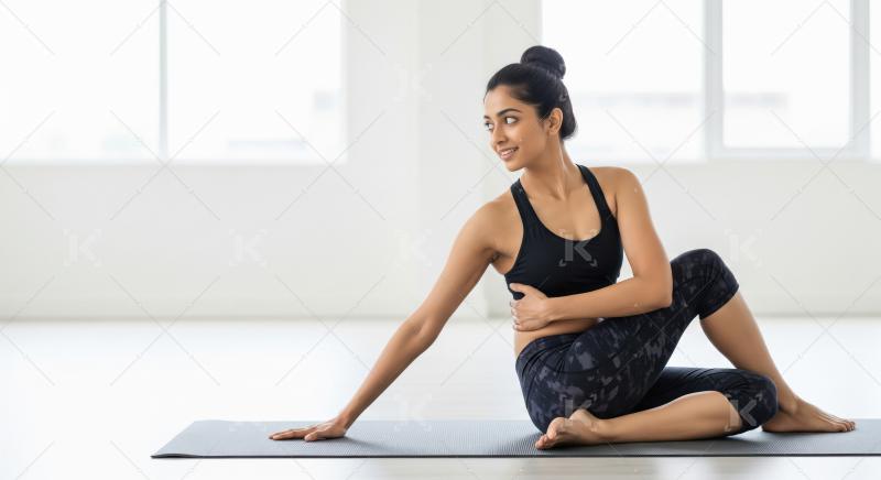 A serene young Indian woman in athletic wear practices a seated