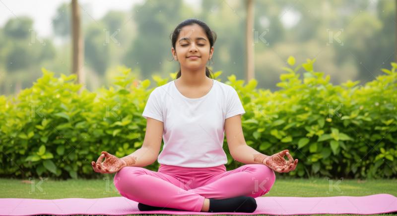 A peaceful young Indian girl with closed eyes meditates in lotus