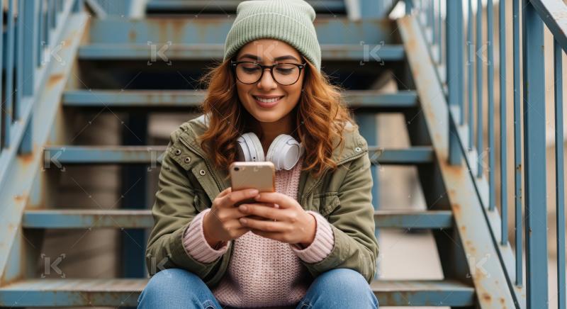 A stylish young woman in a beanie and headphones sits on outdoor