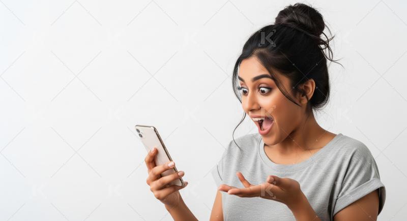 A young woman in a grey T‑shirt looks at her smartphone with a