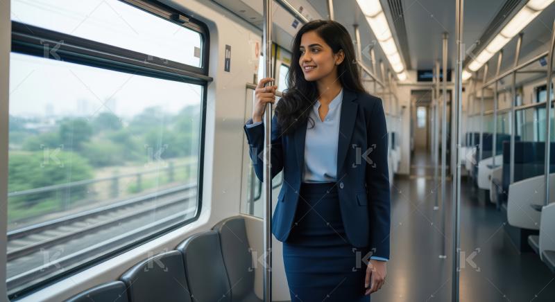 A confident young businesswoman in a navy suit stands in an empt