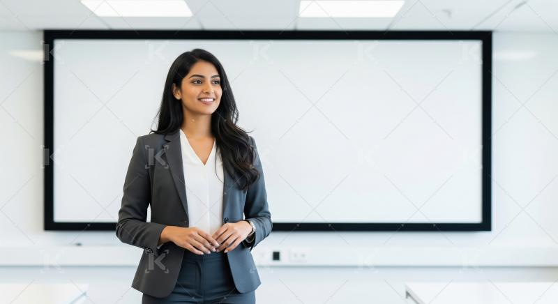 A confident young Indian businesswoman in a grey suit stands in