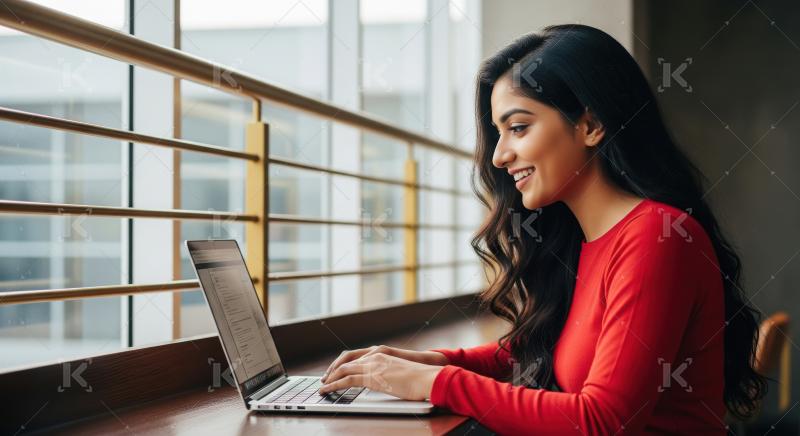 A young confident Indian woman sits at a desk in a modern office