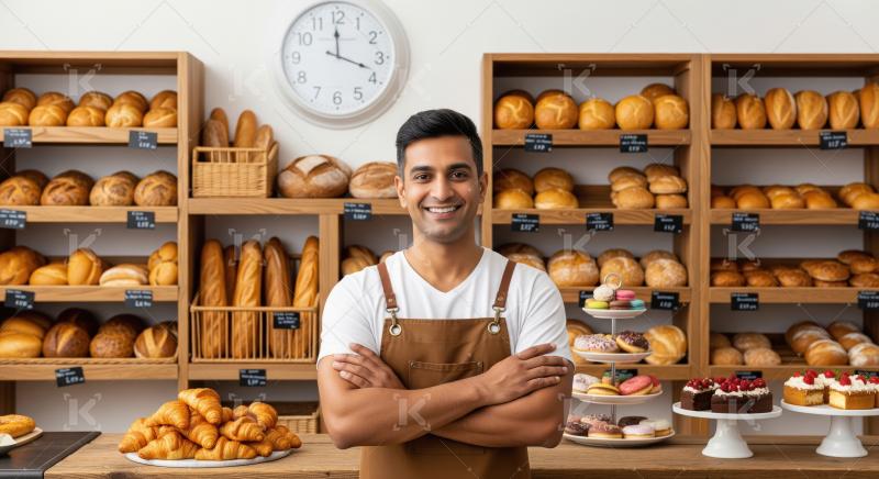 Young indian man bakery shop owner standing confidently
