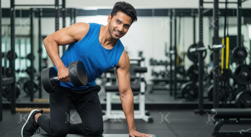 A fit young man in a blue tank top smiles at the camera while pe