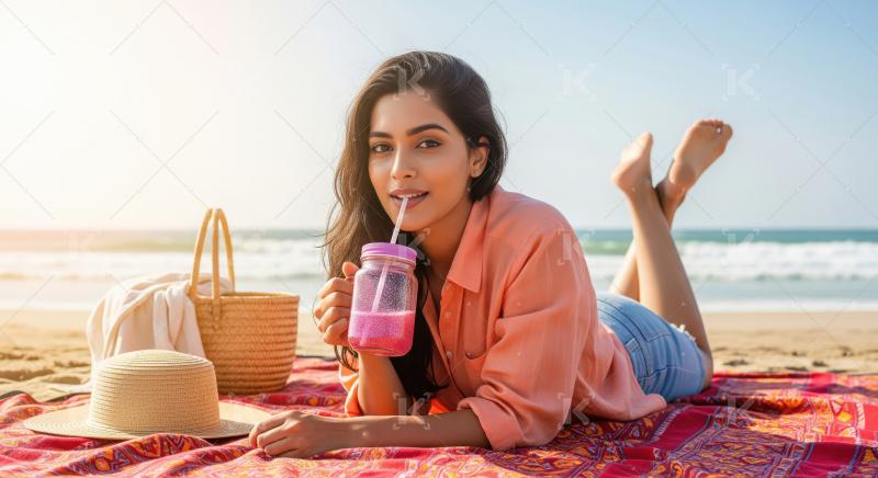 Relaxed young Indian woman lying on a colorful beach blanket, si