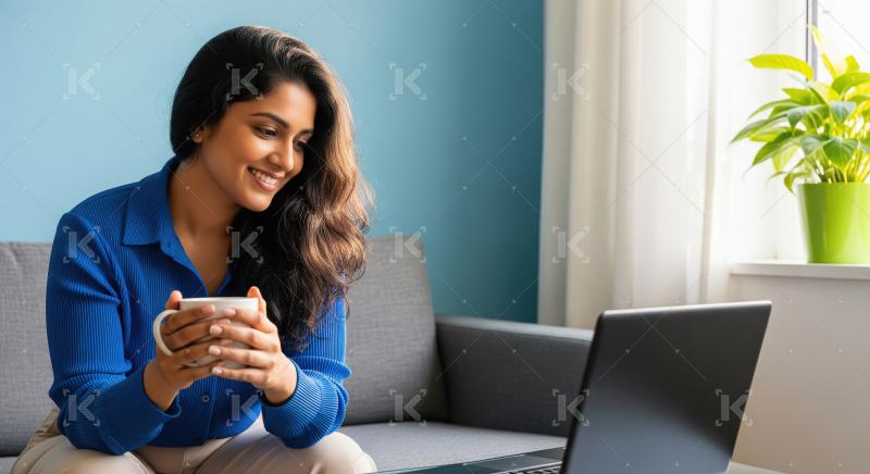 A cheerful young woman in a blue shirt sits on a sofa with a war