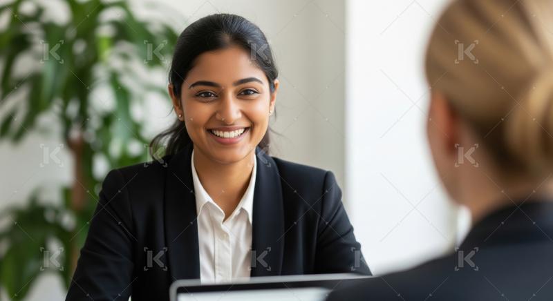 A confident young professional woman in a black blazer smiles wa