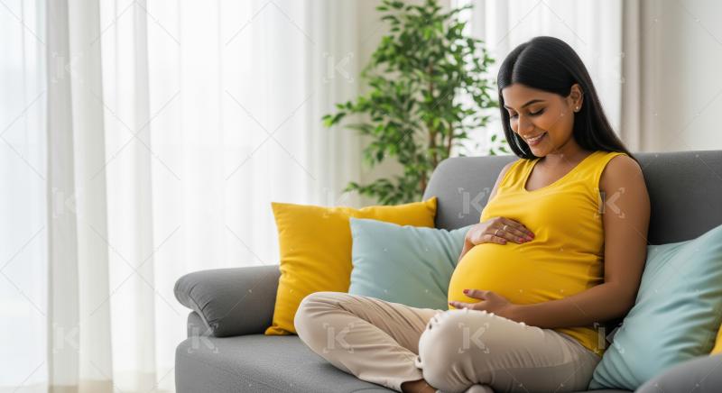 A serene pregnant woman sits comfortably on a sofa in a bright l