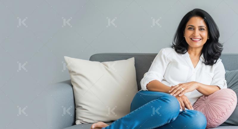 A cheerful middle-aged woman relaxes comfortably on a modern sof