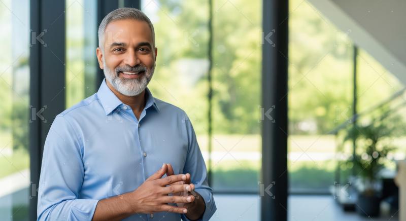 A confident middle-aged man with salt-and-pepper hair and beard