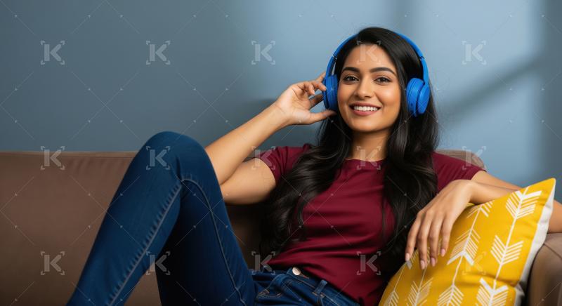 Young Indian woman relaxing on a sofa, listening to music with b