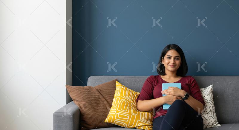 Calm young Indian woman sitting on a modern sofa, gently smiling