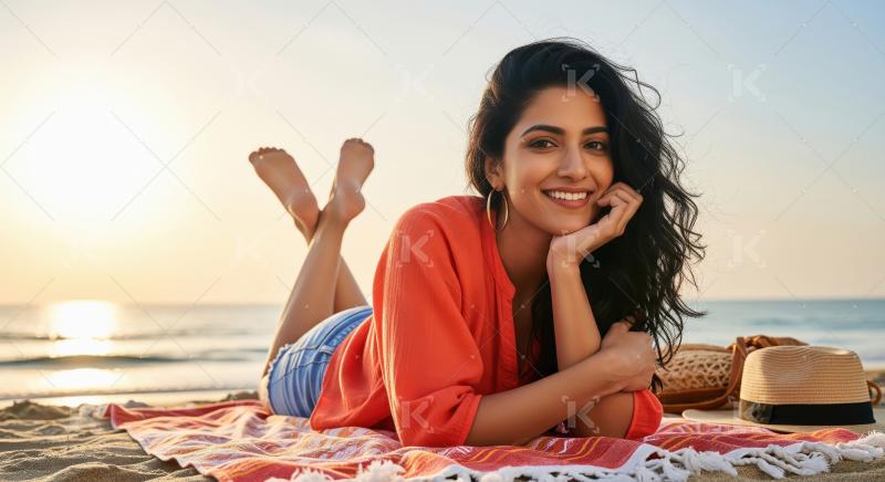 Relaxed young Indian woman lying on a colorful beach blanket nea