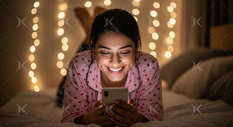 Smiling young Indian woman in pink polka-dot pajamas lying on he